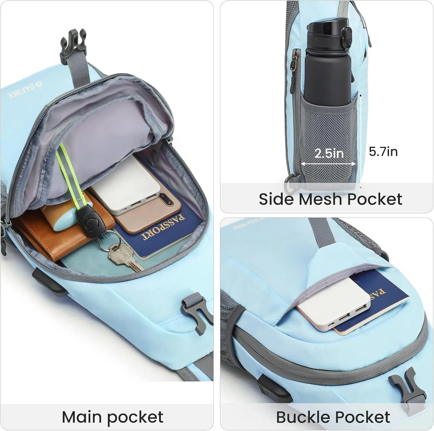 G4Free Sling Bag RFID Crossbody Sling Backpack with USB Charging Port, Travel Hiking Daypack Shoulder Chest Bag for Women Men(Light Blue)