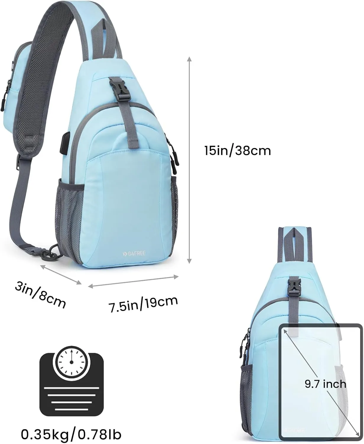 G4Free Sling Bag RFID Crossbody Sling Backpack with USB Charging Port, Travel Hiking Daypack Shoulder Chest Bag for Women Men(Light Blue)