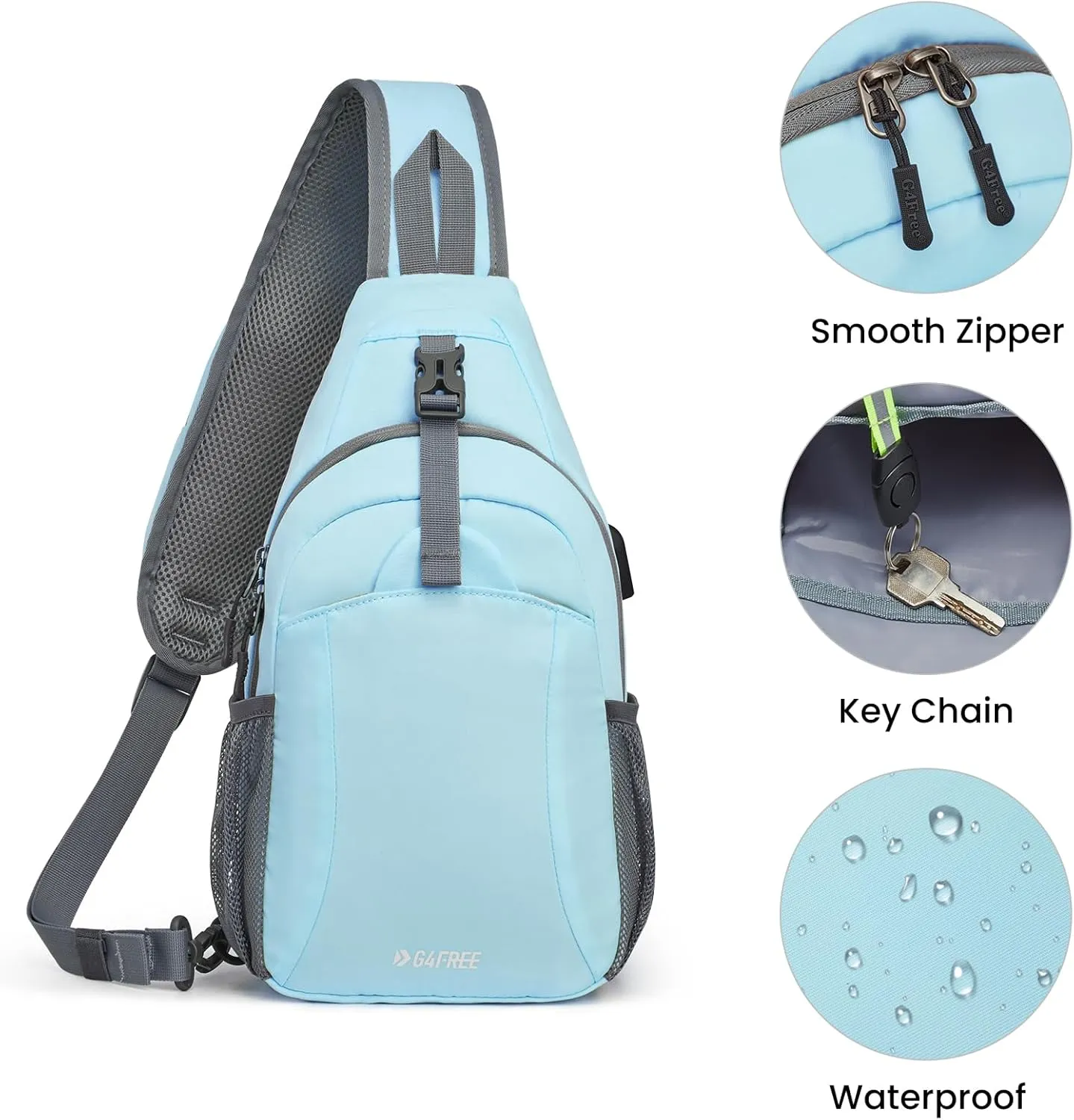G4Free Sling Bag RFID Crossbody Sling Backpack with USB Charging Port, Travel Hiking Daypack Shoulder Chest Bag for Women Men(Light Blue)