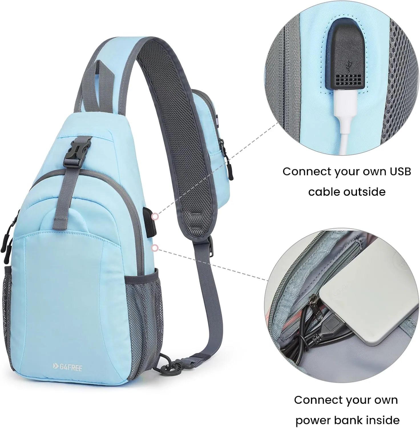 G4Free Sling Bag RFID Crossbody Sling Backpack with USB Charging Port, Travel Hiking Daypack Shoulder Chest Bag for Women Men(Light Blue)