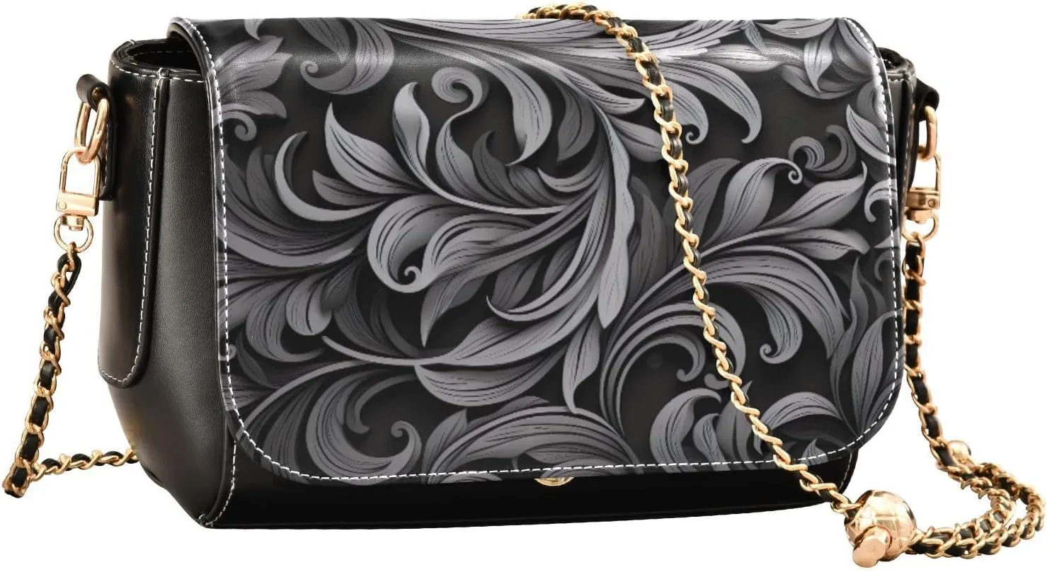 GAIGEO Black and Brown Floral Decorative Swirls Gold Chain Strap Crossbody, Ladies Leather Crossbody Bags