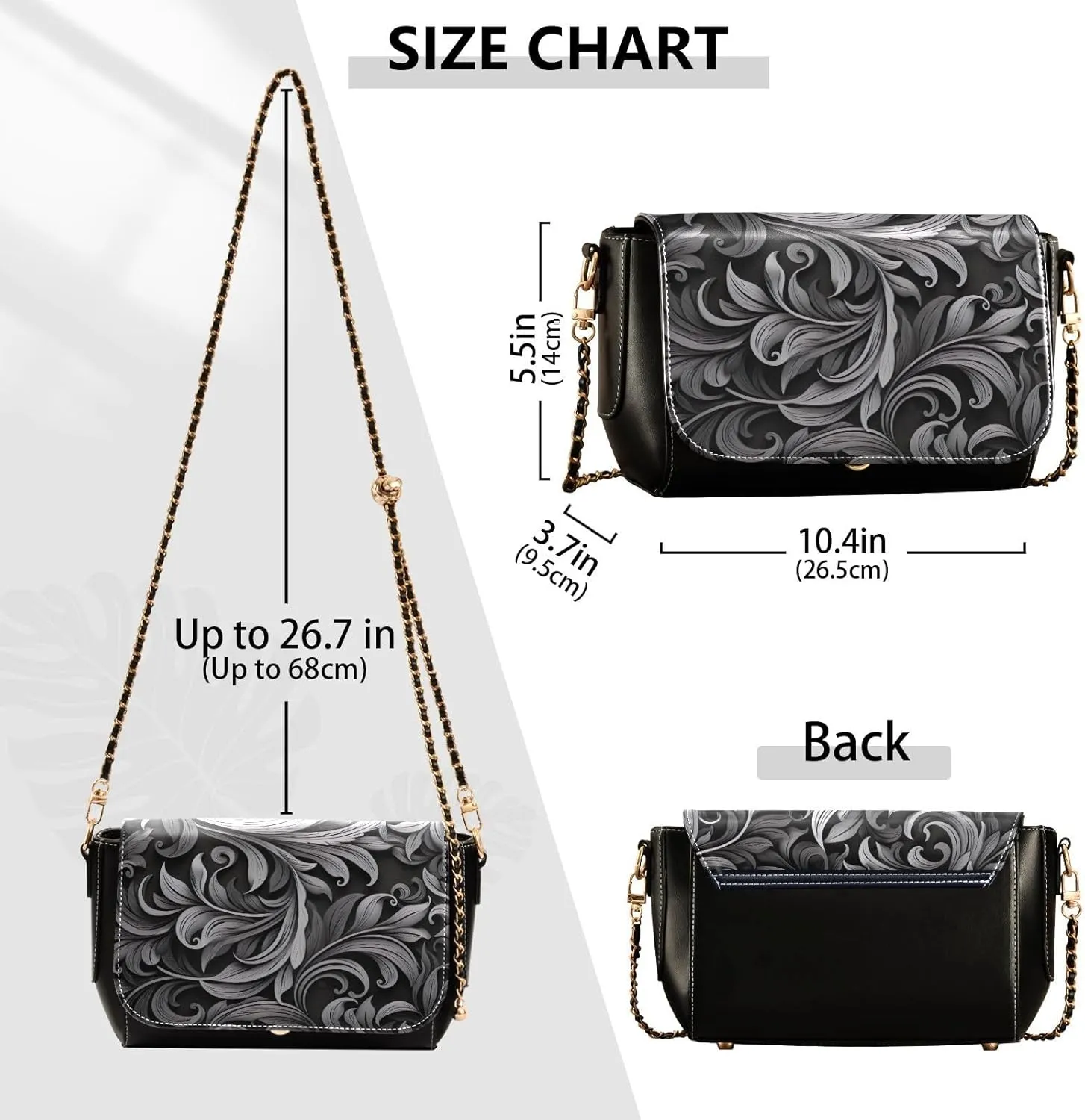 GAIGEO Black and Brown Floral Decorative Swirls Gold Chain Strap Crossbody, Ladies Leather Crossbody Bags