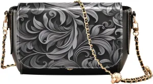 GAIGEO Black and Brown Floral Decorative Swirls Gold Chain Strap Crossbody, Ladies Leather Crossbody Bags