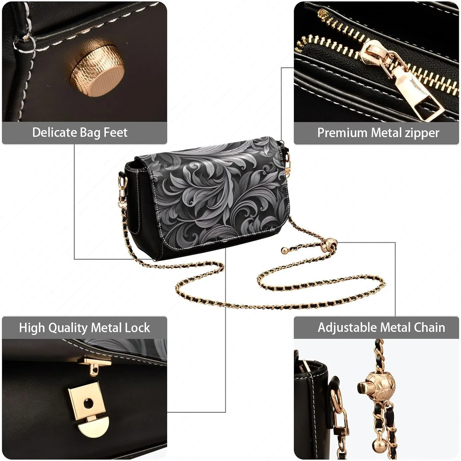 GAIGEO Black and Brown Floral Decorative Swirls Gold Chain Strap Crossbody, Ladies Leather Crossbody Bags