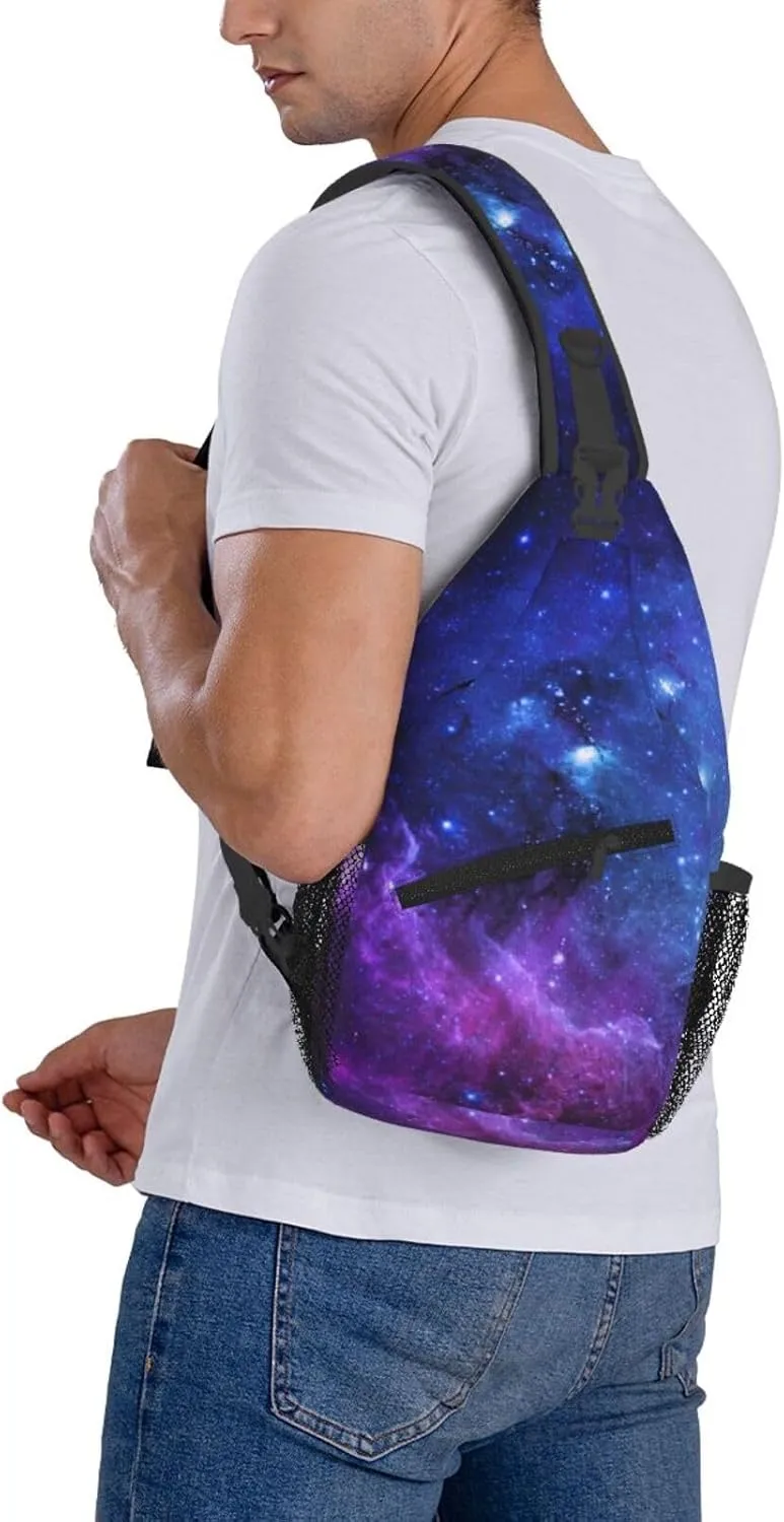 Galaxy Sling Bag Crossbody Backpack,Deep Space Star Field Abstract Universe Blue Purple Galaxy Stars Chest Bag Casual Shoulder Backpack Fantasy Nebula Design Sports Travel Hiking Daypack