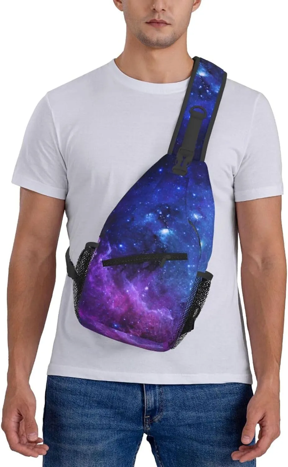 Galaxy Sling Bag Crossbody Backpack,Deep Space Star Field Abstract Universe Blue Purple Galaxy Stars Chest Bag Casual Shoulder Backpack Fantasy Nebula Design Sports Travel Hiking Daypack
