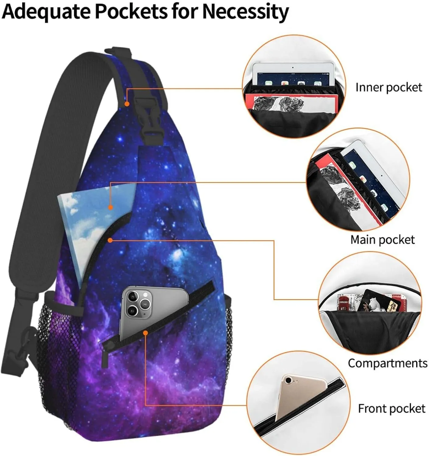 Galaxy Sling Bag Crossbody Backpack,Deep Space Star Field Abstract Universe Blue Purple Galaxy Stars Chest Bag Casual Shoulder Backpack Fantasy Nebula Design Sports Travel Hiking Daypack
