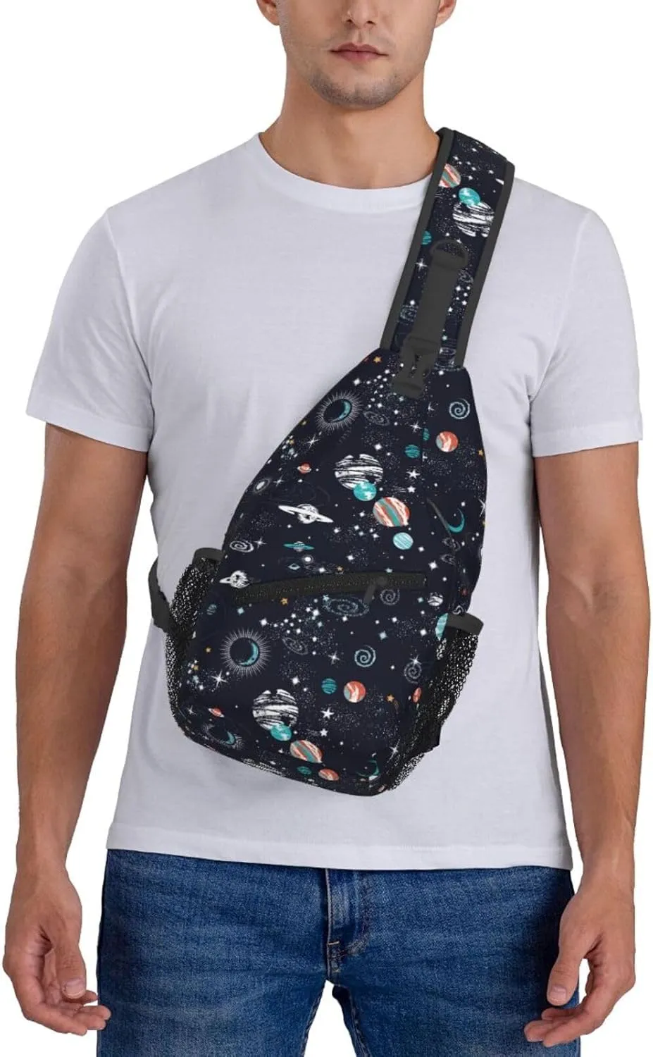 Galaxy Sling Bag Crossbody Backpack,Space Objects Cartoon Planets and Stars Abstract Constellation Pattern Chest Bag Casual Shoulder Backpack Fantasy Universe Theme Travel Hiking Daypack