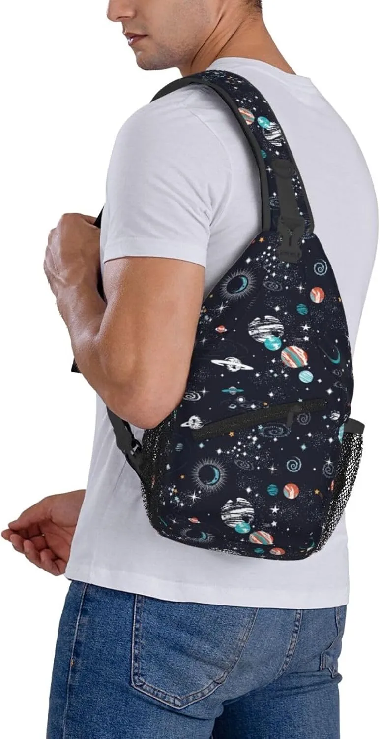 Galaxy Sling Bag Crossbody Backpack,Space Objects Cartoon Planets and Stars Abstract Constellation Pattern Chest Bag Casual Shoulder Backpack Fantasy Universe Theme Travel Hiking Daypack