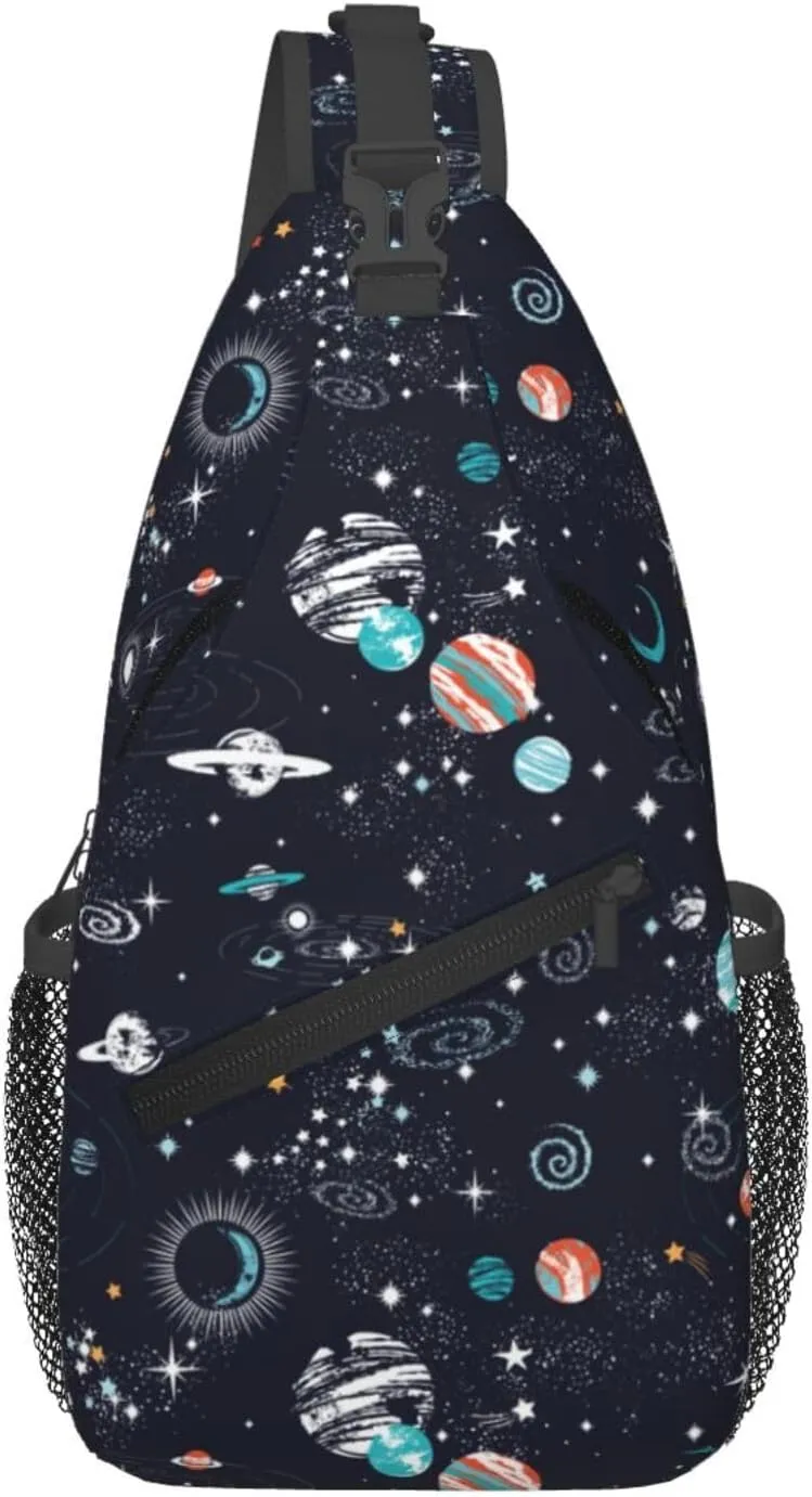 Galaxy Sling Bag Crossbody Backpack,Space Objects Cartoon Planets and Stars Abstract Constellation Pattern Chest Bag Casual Shoulder Backpack Fantasy Universe Theme Travel Hiking Daypack
