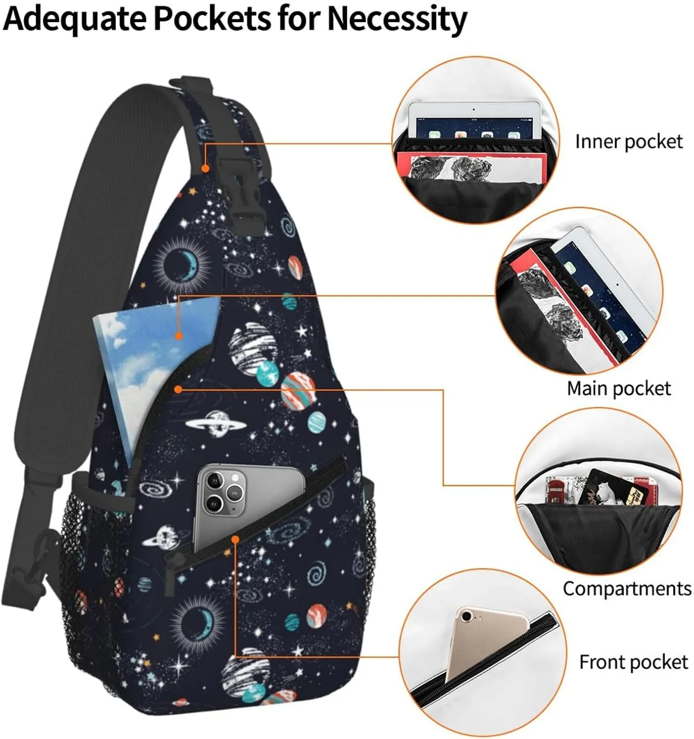Galaxy Sling Bag Crossbody Backpack,Space Objects Cartoon Planets and Stars Abstract Constellation Pattern Chest Bag Casual Shoulder Backpack Fantasy Universe Theme Travel Hiking Daypack