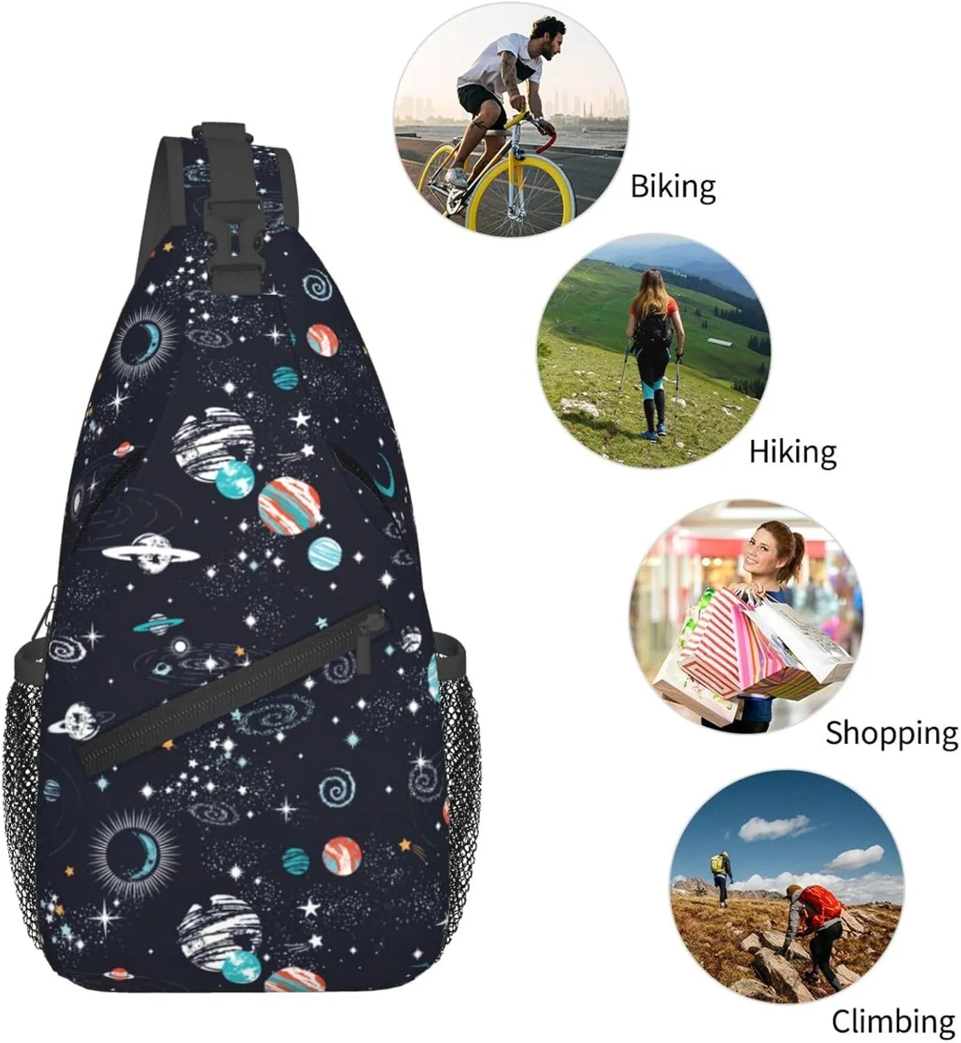 Galaxy Sling Bag Crossbody Backpack,Space Objects Cartoon Planets and Stars Abstract Constellation Pattern Chest Bag Casual Shoulder Backpack Fantasy Universe Theme Travel Hiking Daypack