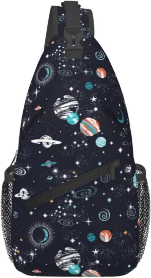 Galaxy Sling Bag Crossbody Backpack,Space Objects Cartoon Planets and Stars Abstract Constellation Pattern Chest Bag Casual Shoulder Backpack Fantasy Universe Theme Travel Hiking Daypack
