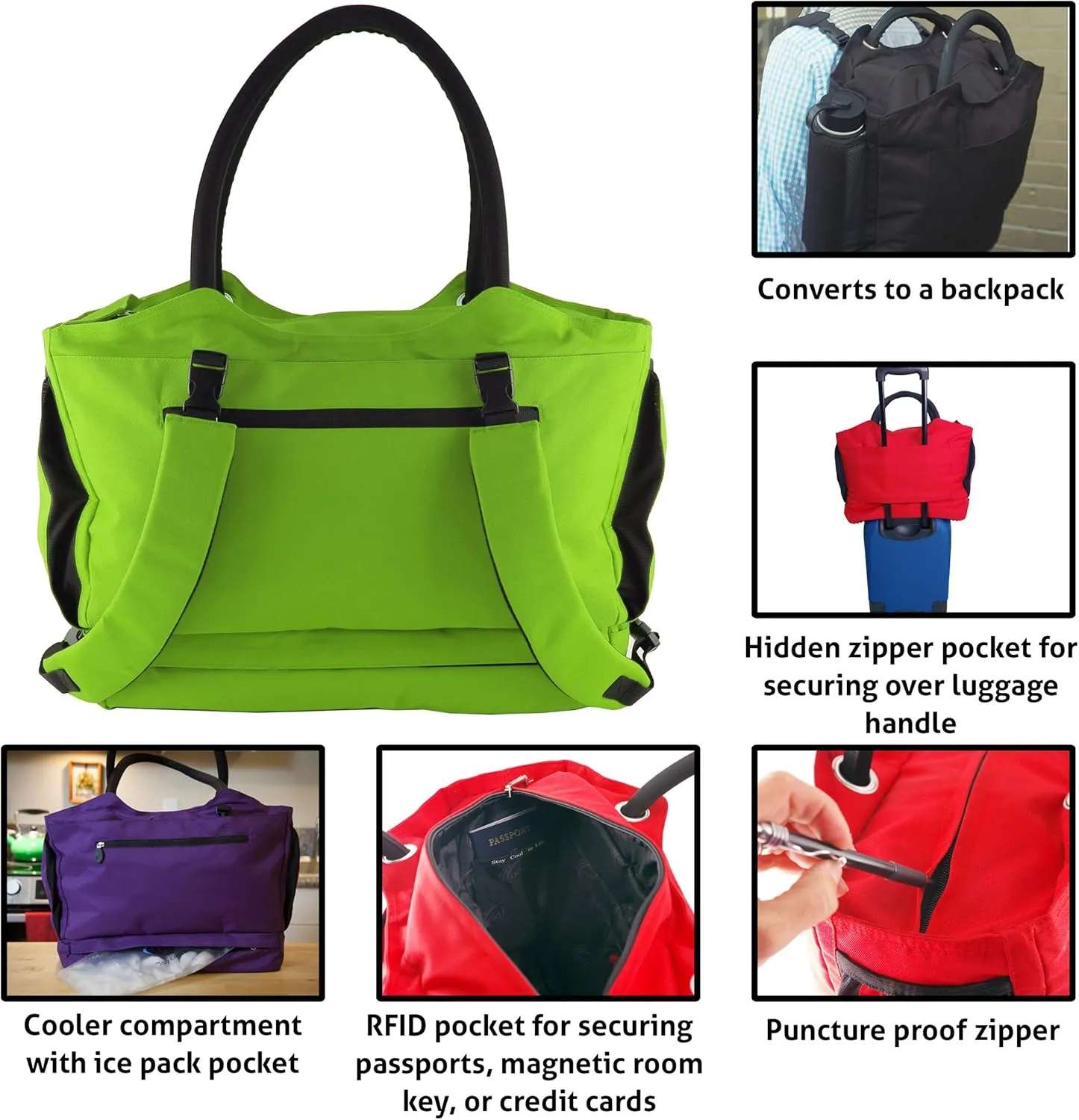 Gen 2 Locking Anti-Theft Travel Tote With Insulated Cooler Compartment (St. Lucia Lime Green)
