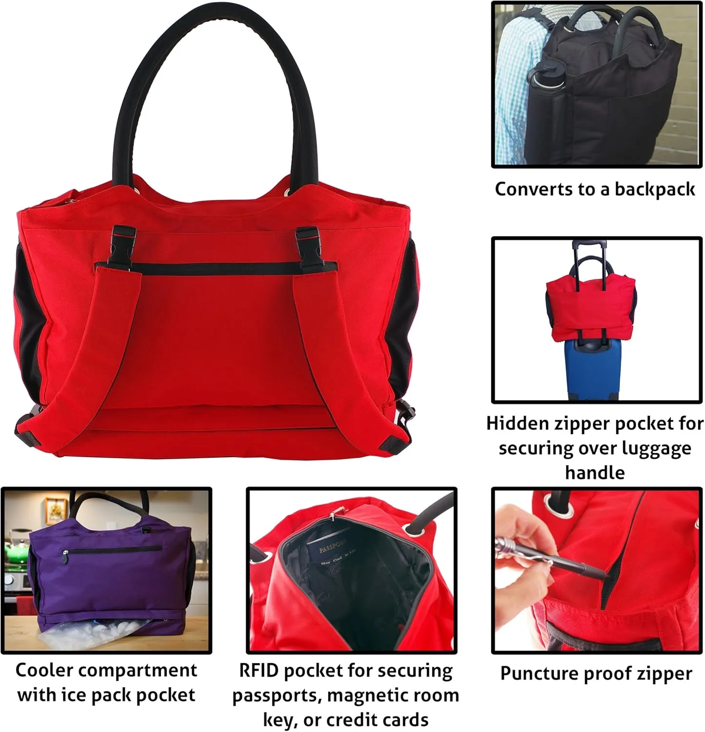 Gen 2 - Travel Tote With Anti-Theft Lock and Insulated Cooler Compartment - (Riviera Red)
