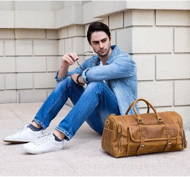 Genuine Cow Leather Weekend Duffel Bag | Handmade | Includes Laptop Space | Stylish Travel Companion (22 x 8 x 8 inch)
