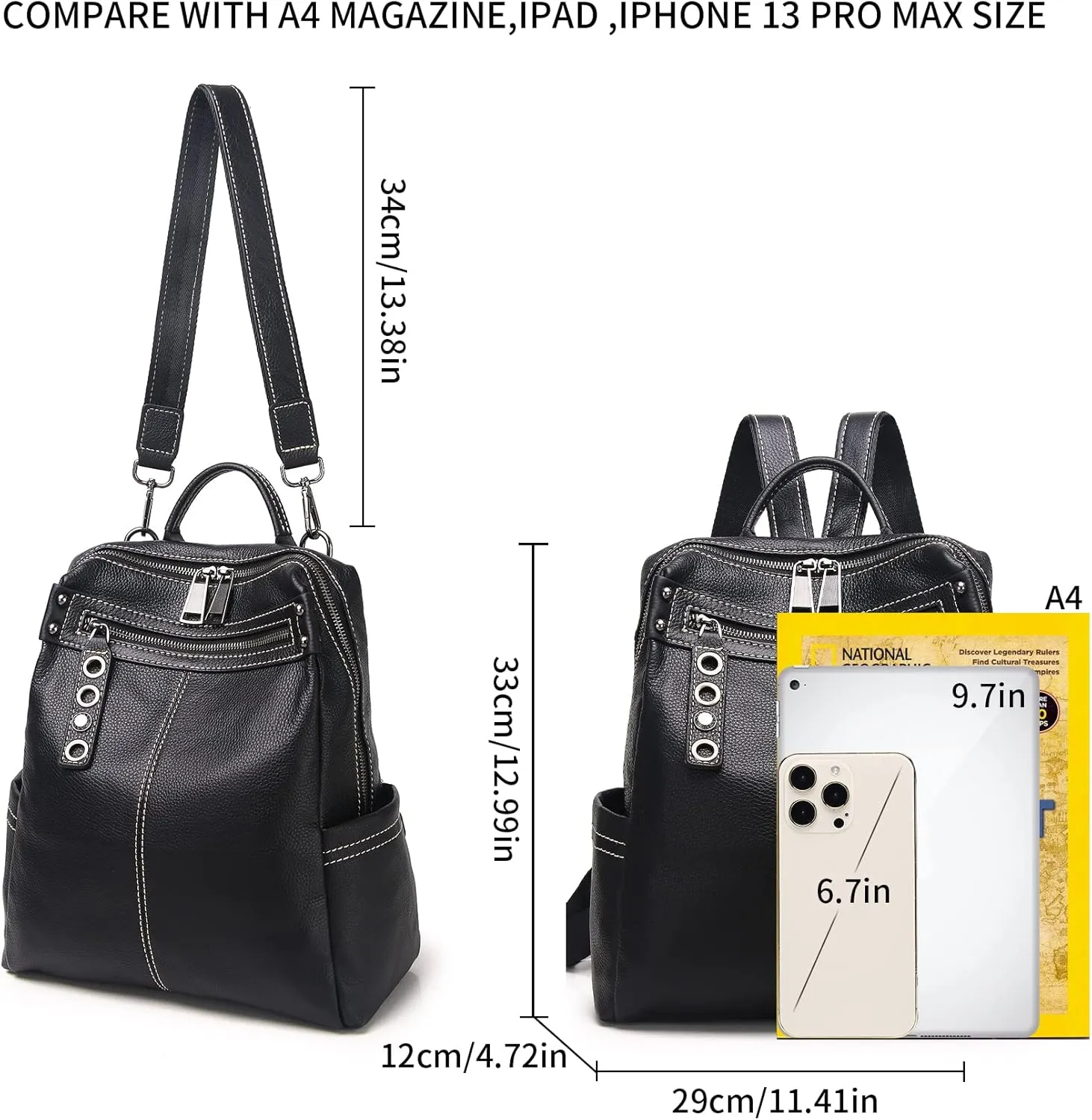Genuine Leather Backpack Purse For Women Black Real Soft Leather Travel Fashion Designer Convertible Ladies Shoulder Bag