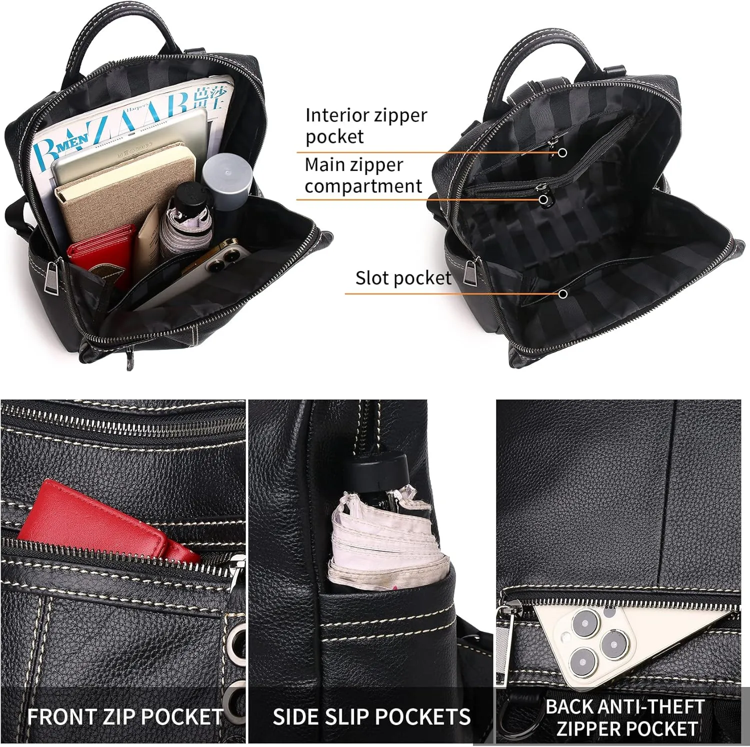 Genuine Leather Backpack Purse For Women Black Real Soft Leather Travel Fashion Designer Convertible Ladies Shoulder Bag