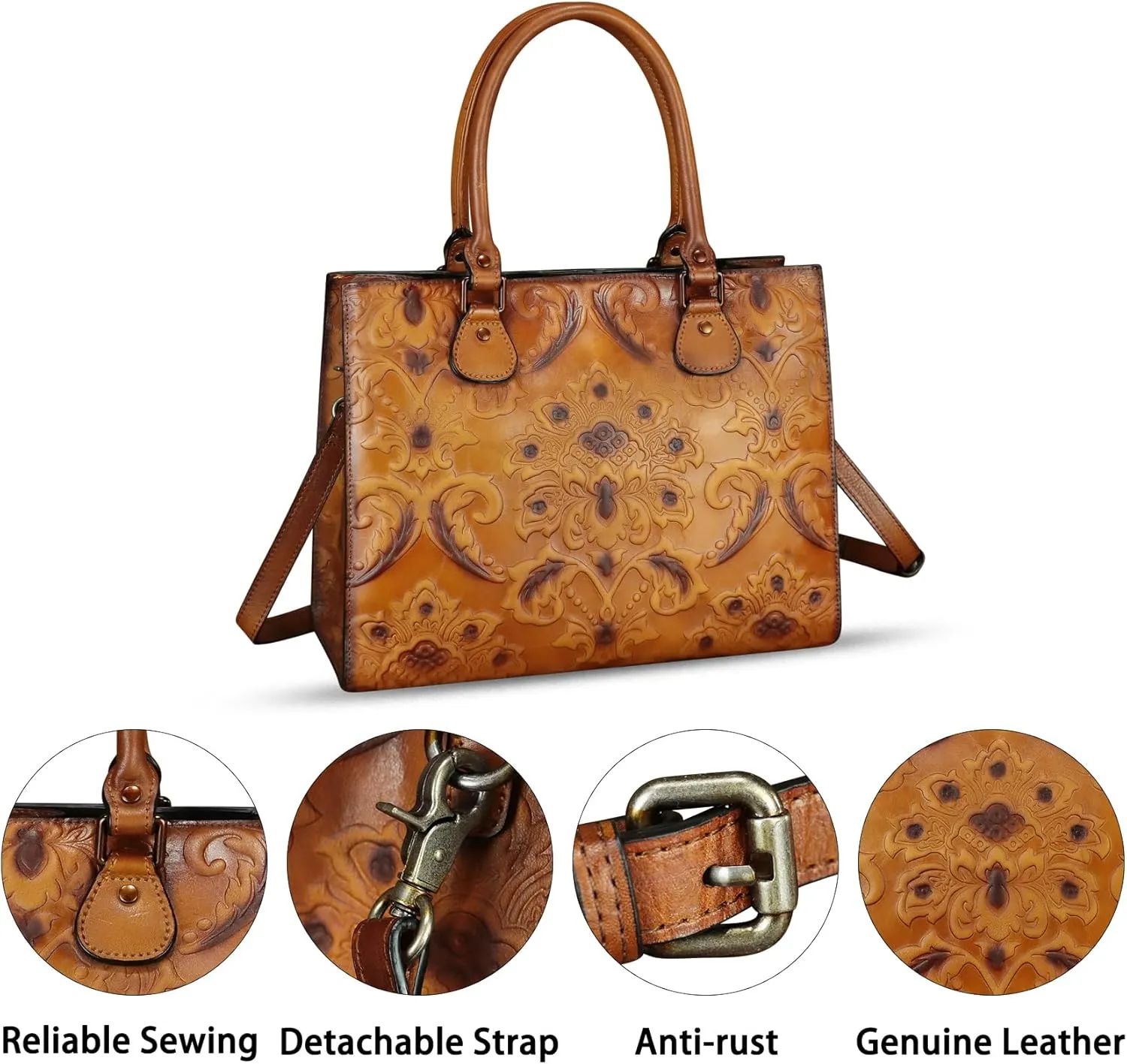 Genuine Leather Tote Bag for Women Purse Embossed Top Handle Shoulder Handbag Handmade Crossbody Satchel Purses