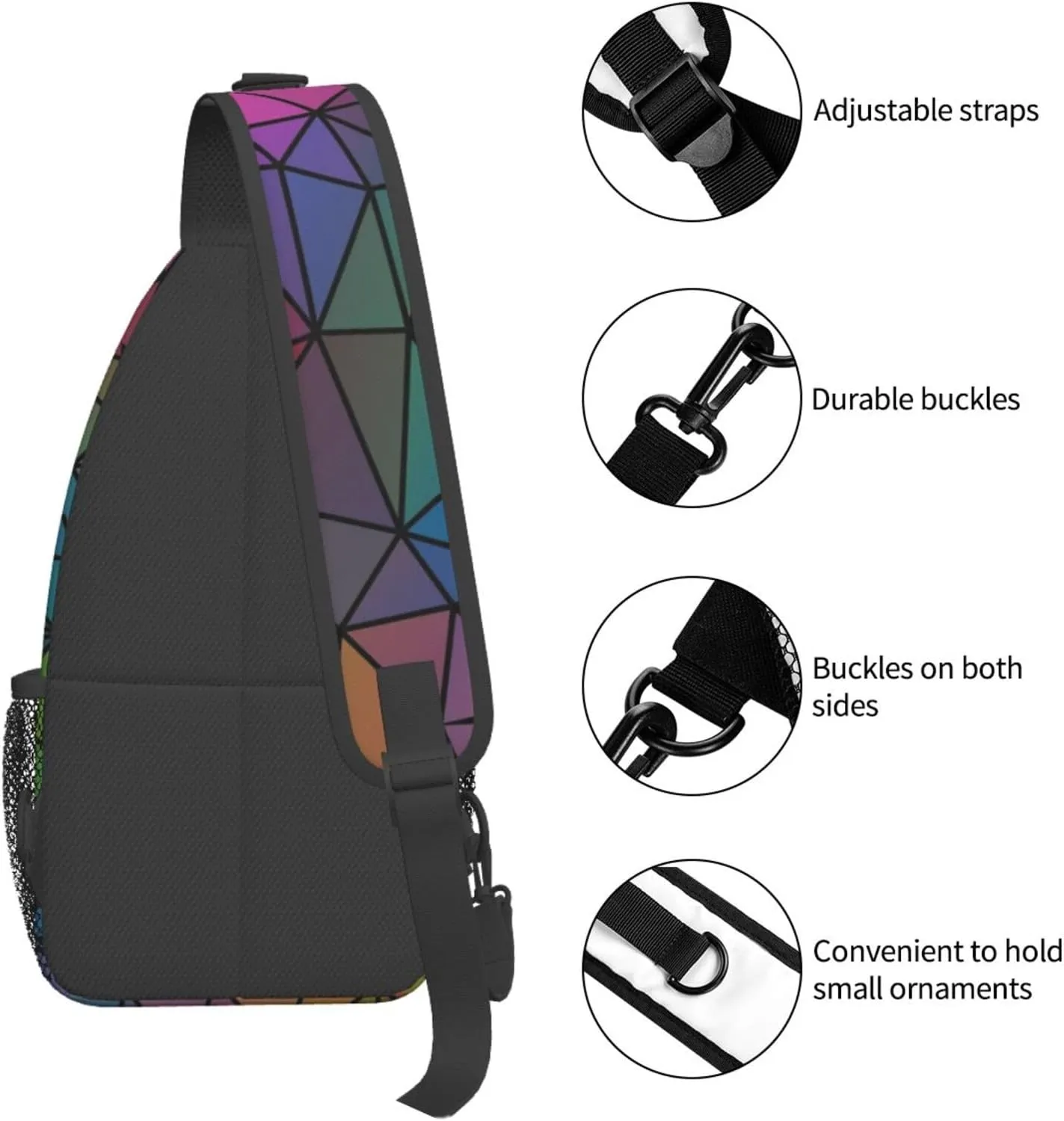 Geometric Mosaic Rainbow Crystal Sling Bag for Women Mens Crossbody Backpack Casual Hiking Daypack Shoulder Chest Bag with Adjustable Strap