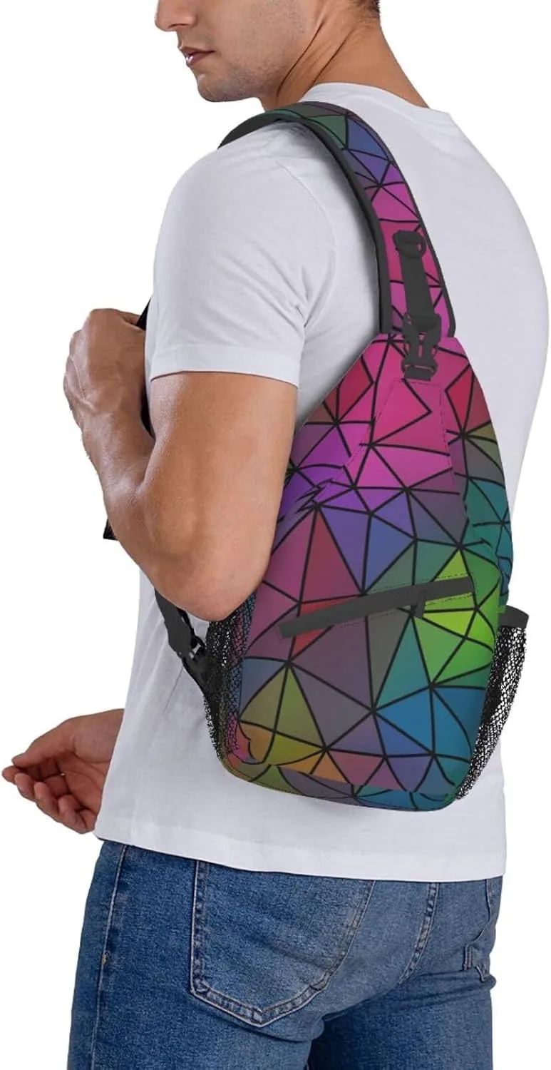 Geometric Mosaic Rainbow Crystal Sling Bag for Women Mens Crossbody Backpack Casual Hiking Daypack Shoulder Chest Bag with Adjustable Strap