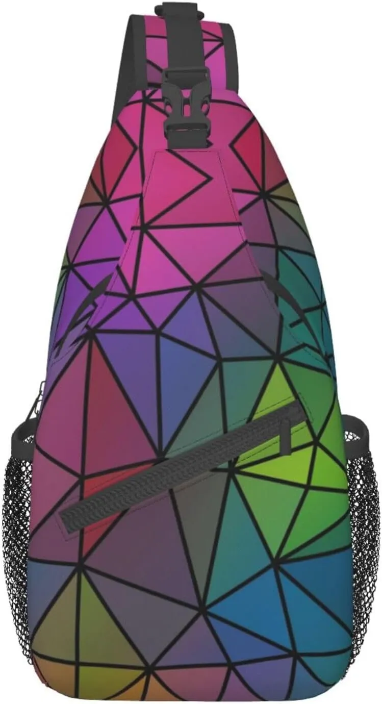 Geometric Mosaic Rainbow Crystal Sling Bag for Women Mens Crossbody Backpack Casual Hiking Daypack Shoulder Chest Bag with Adjustable Strap