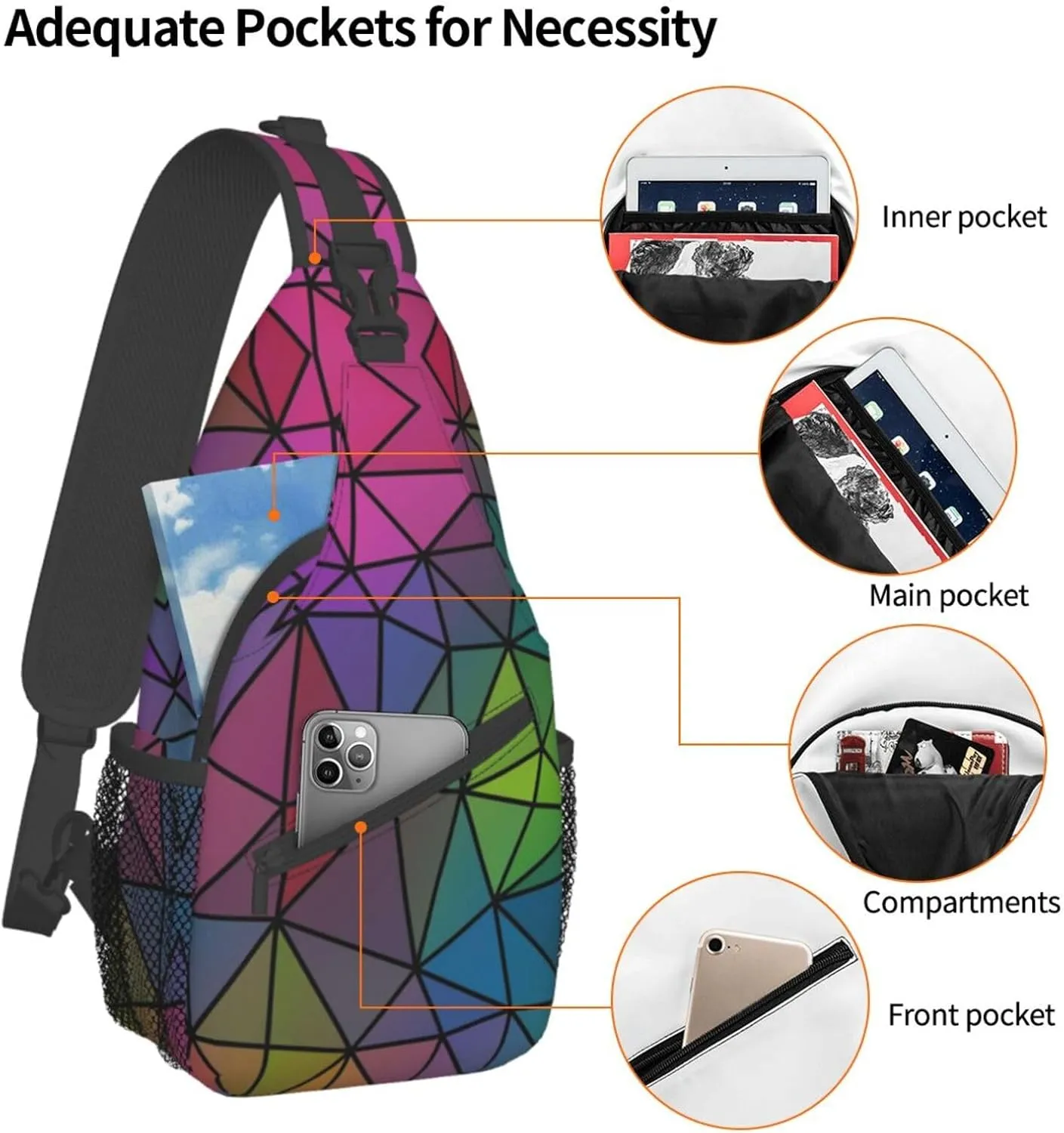 Geometric Mosaic Rainbow Crystal Sling Bag for Women Mens Crossbody Backpack Casual Hiking Daypack Shoulder Chest Bag with Adjustable Strap