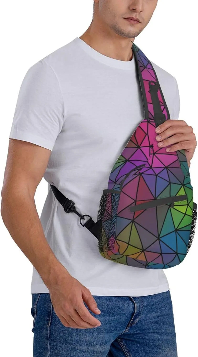 Geometric Mosaic Rainbow Crystal Sling Bag for Women Mens Crossbody Backpack Casual Hiking Daypack Shoulder Chest Bag with Adjustable Strap