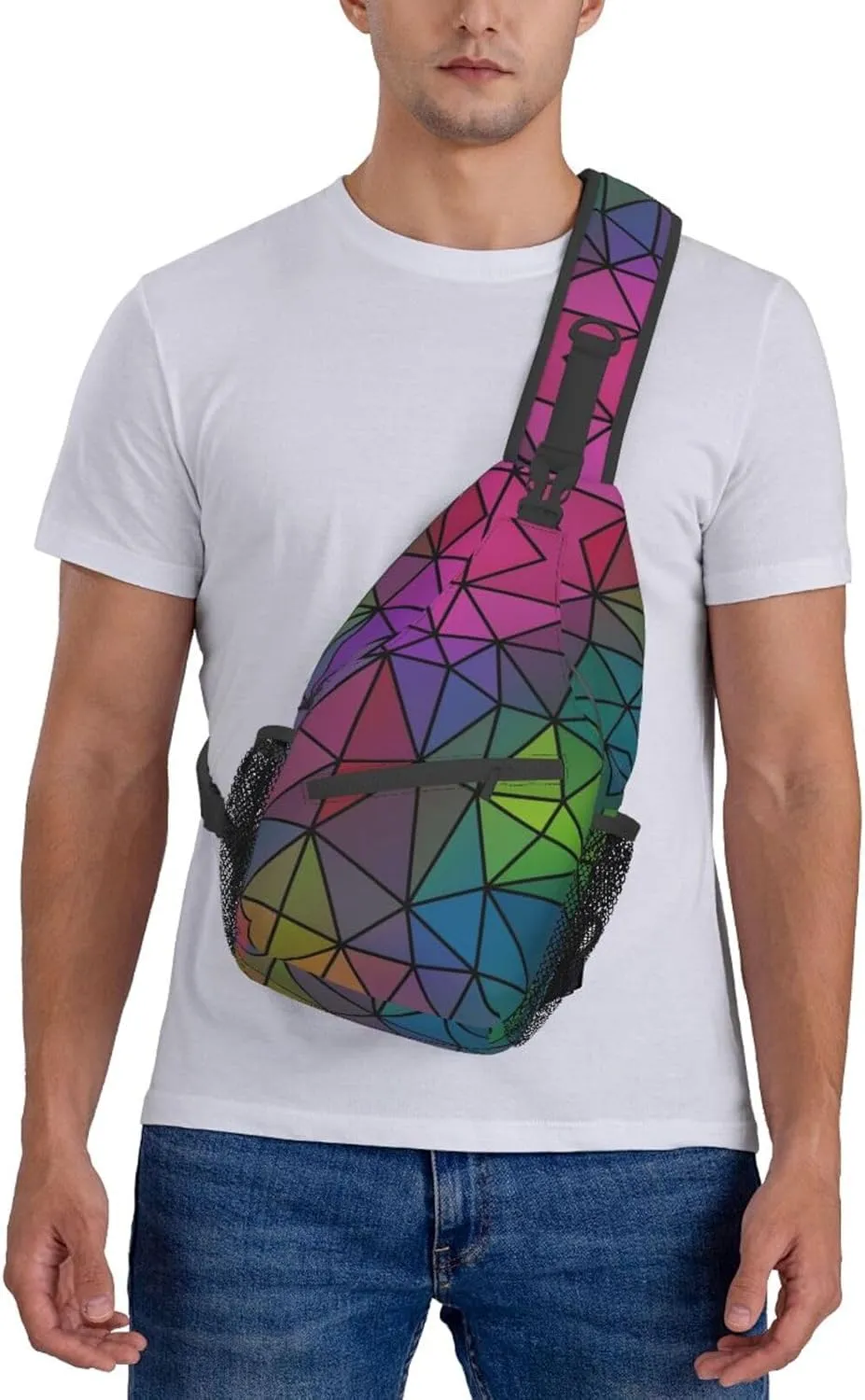 Geometric Mosaic Rainbow Crystal Sling Bag for Women Mens Crossbody Backpack Casual Hiking Daypack Shoulder Chest Bag with Adjustable Strap