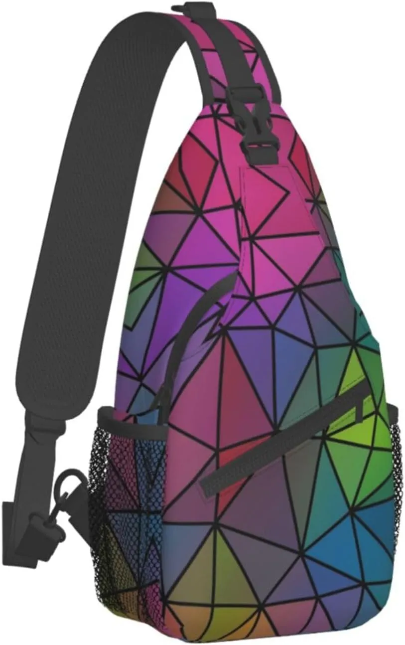 Geometric Mosaic Rainbow Crystal Sling Bag for Women Mens Crossbody Backpack Casual Hiking Daypack Shoulder Chest Bag with Adjustable Strap