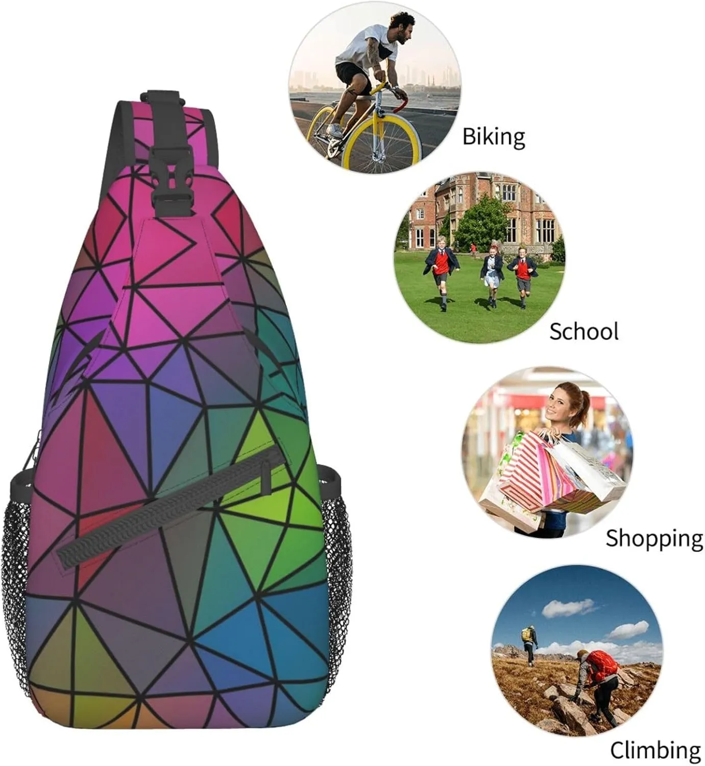 Geometric Mosaic Rainbow Crystal Sling Bag for Women Mens Crossbody Backpack Casual Hiking Daypack Shoulder Chest Bag with Adjustable Strap