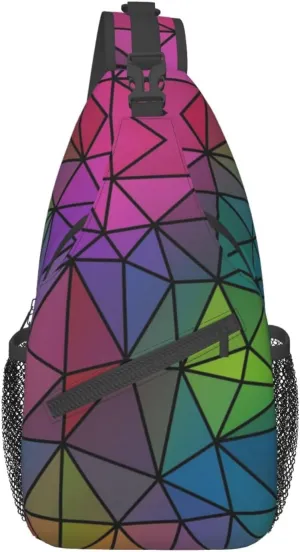 Geometric Mosaic Rainbow Crystal Sling Bag for Women Mens Crossbody Backpack Casual Hiking Daypack Shoulder Chest Bag with Adjustable Strap