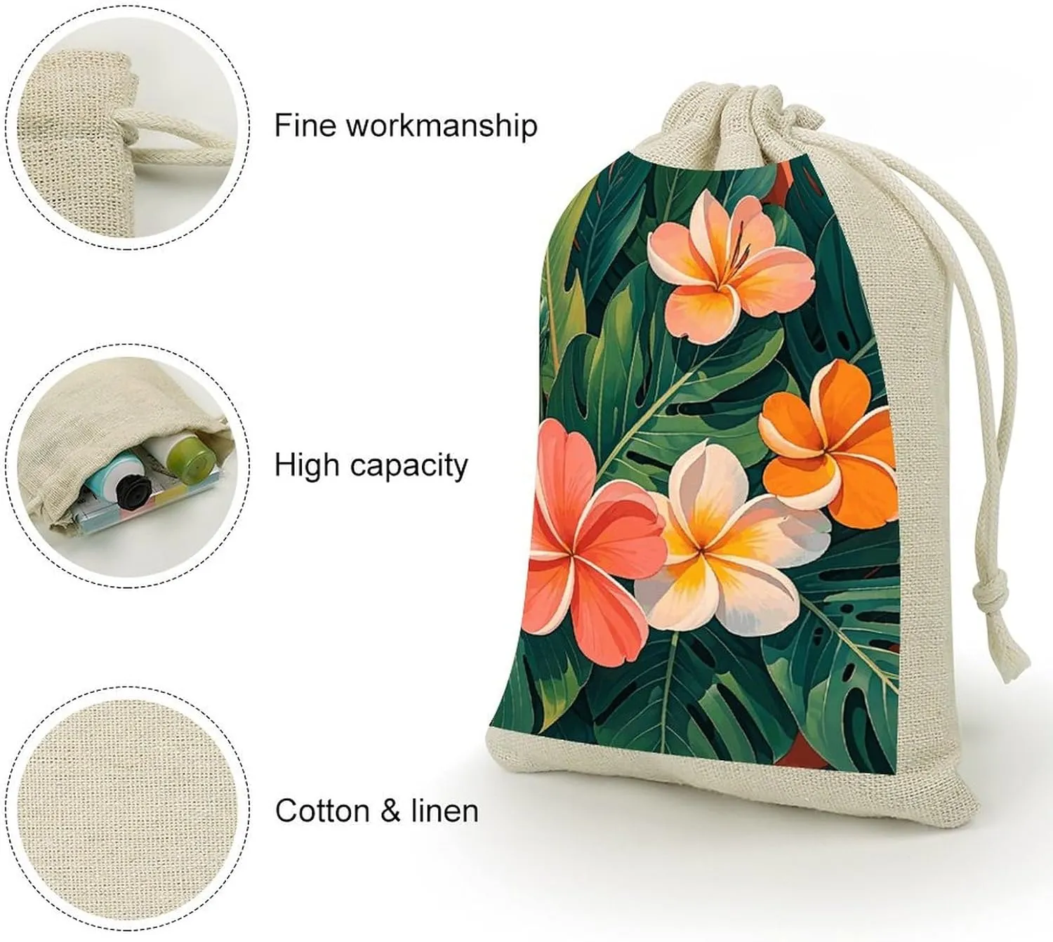 GHBNK Tropical Flowers And Foliage Burlap Bags 8PC Drawstring Bags Small Burlap Gift Pouches for Jewelry,Travel Storage