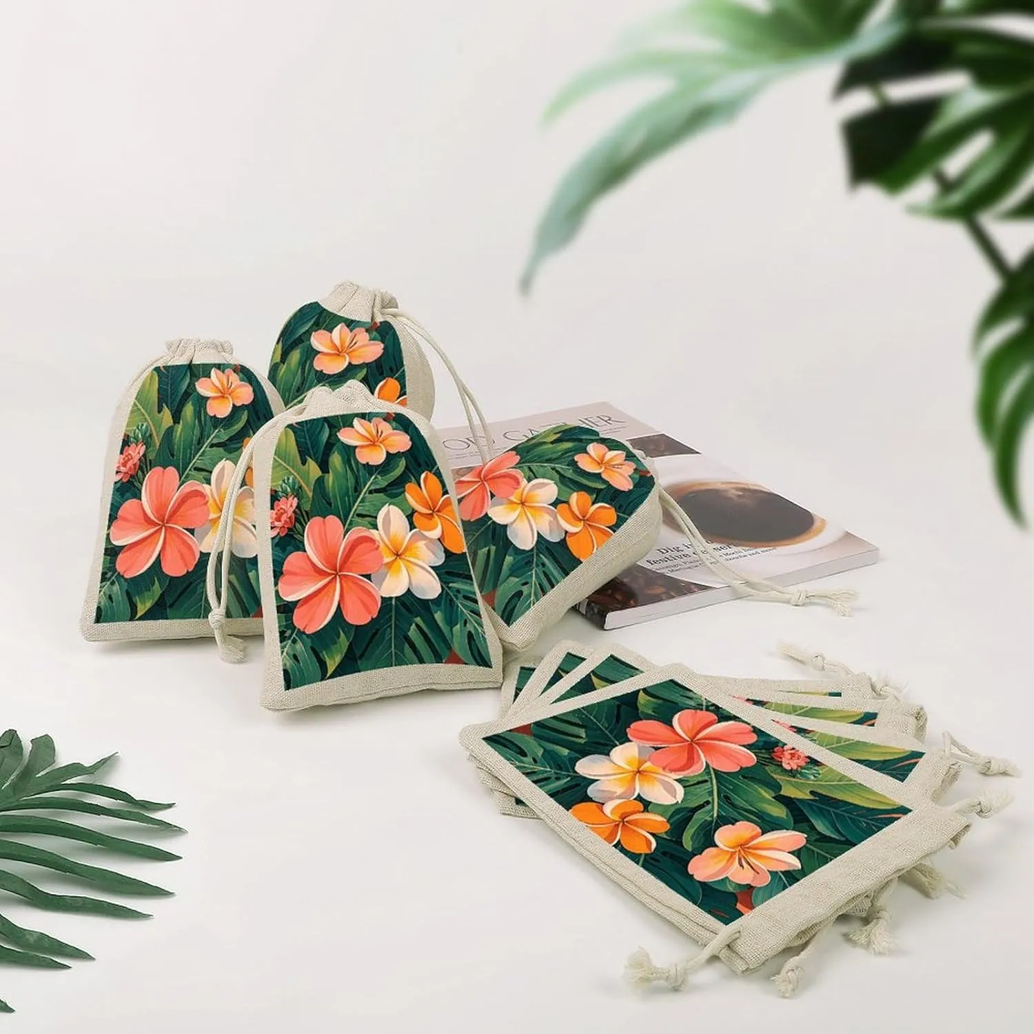 GHBNK Tropical Flowers And Foliage Burlap Bags 8PC Drawstring Bags Small Burlap Gift Pouches for Jewelry,Travel Storage