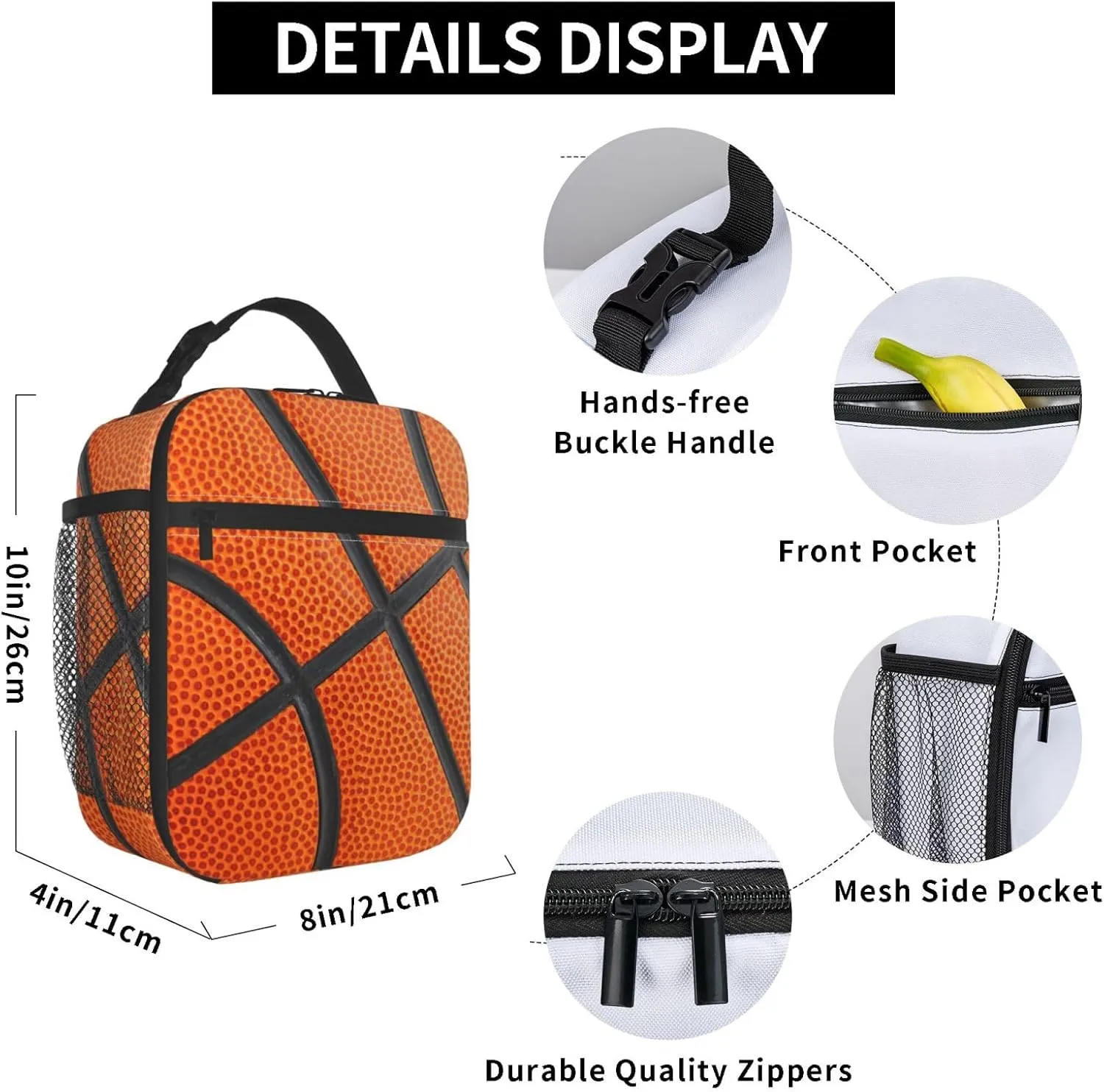 Gianlaima Basketball Texture Lunch Bag Portable Insulated Lunch Bag Reusable Cooler Totes For Women Men Adults Work Picnic Camping