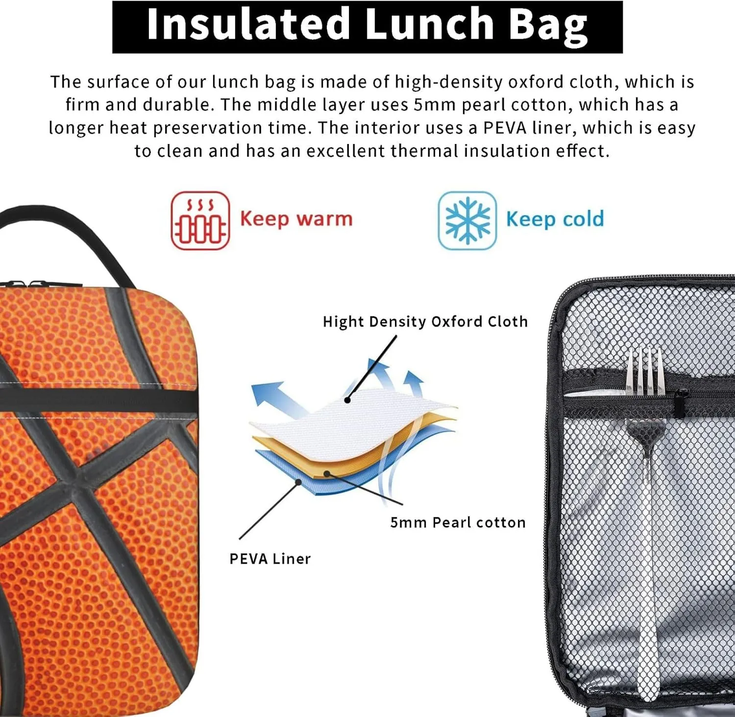 Gianlaima Basketball Texture Lunch Bag Portable Insulated Lunch Bag Reusable Cooler Totes For Women Men Adults Work Picnic Camping