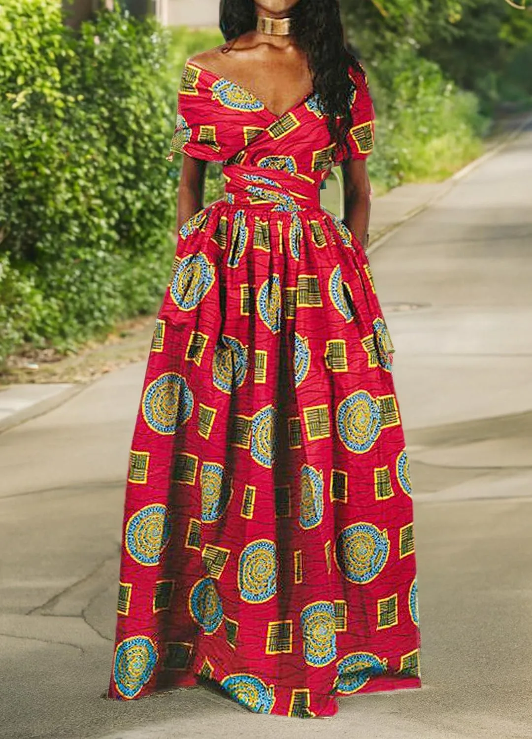 Giovacker Women's African Print Casual Party Dress Dashiki Traditional Costume