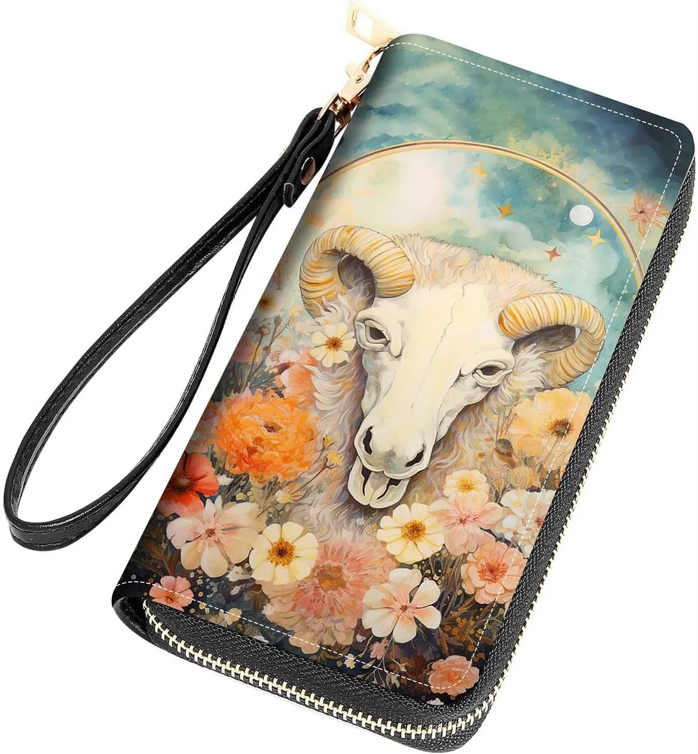 Goat Print Women Large Capacity Wallet PU Leather Zipper Clutch Purse for Smart Phone/Card/Coin/Cash