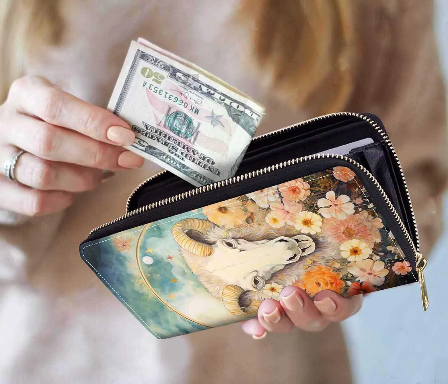 Goat Print Women Large Capacity Wallet PU Leather Zipper Clutch Purse for Smart Phone/Card/Coin/Cash