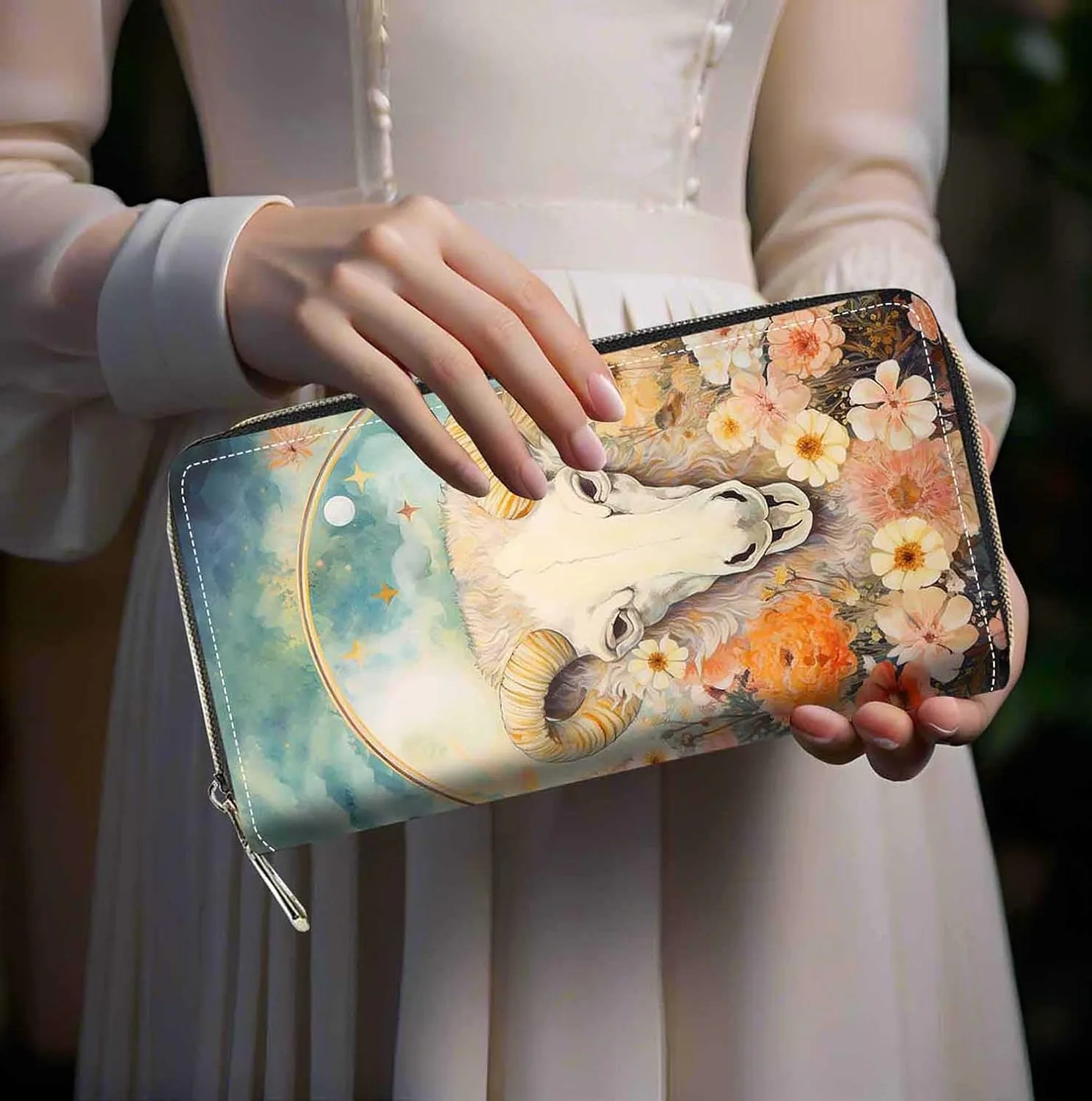 Goat Print Women Large Capacity Wallet PU Leather Zipper Clutch Purse for Smart Phone/Card/Coin/Cash