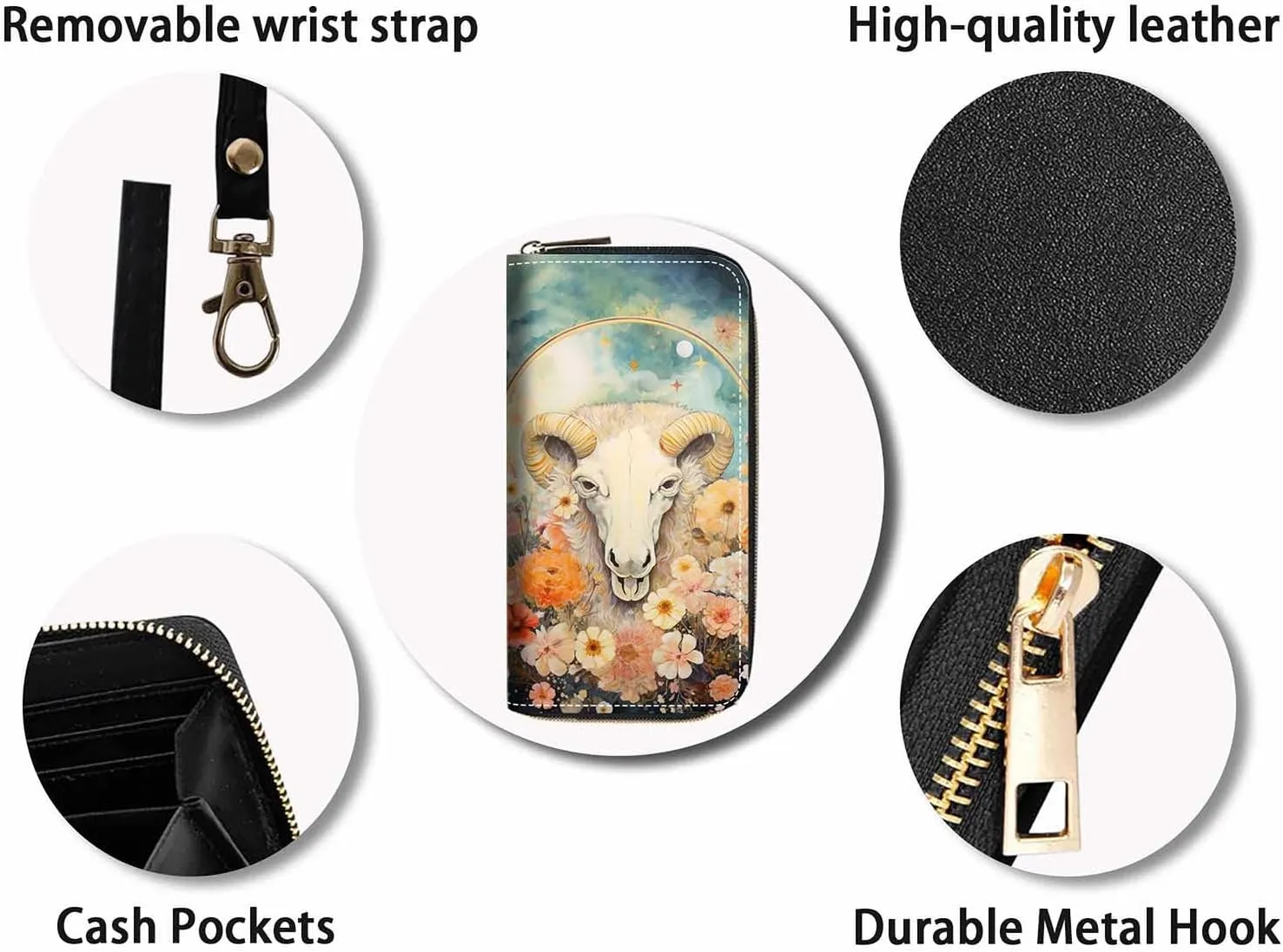 Goat Print Women Large Capacity Wallet PU Leather Zipper Clutch Purse for Smart Phone/Card/Coin/Cash