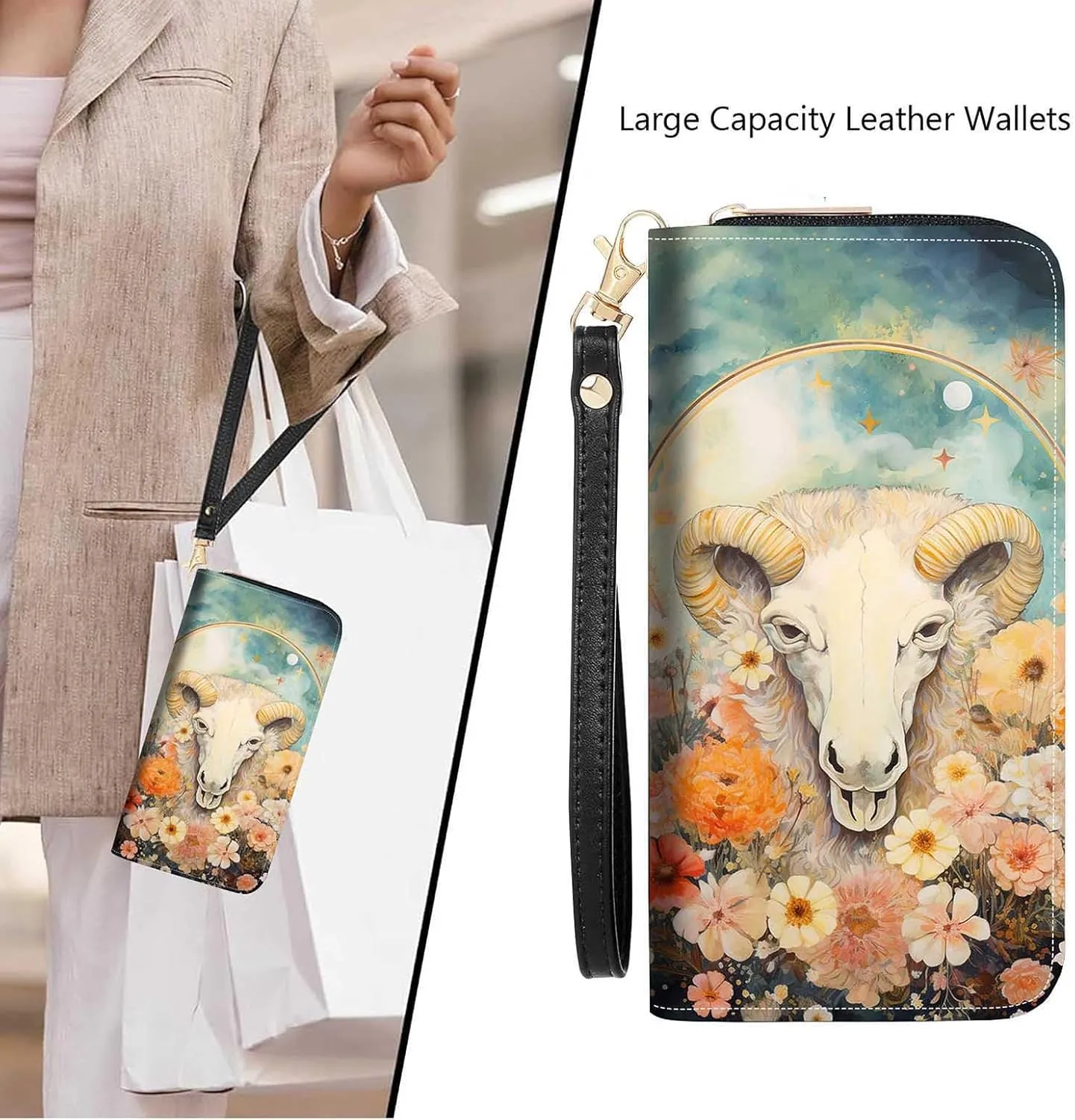 Goat Print Women Large Capacity Wallet PU Leather Zipper Clutch Purse for Smart Phone/Card/Coin/Cash