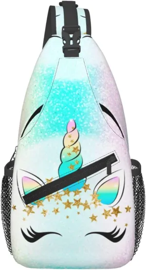 Golden Glitter Unicorns Rainbow Star Sparkle Chest Sling Bag Crossbody Shoulder Backpack Bag Gym Cycling Daypack Travel Hiking Cross Bag