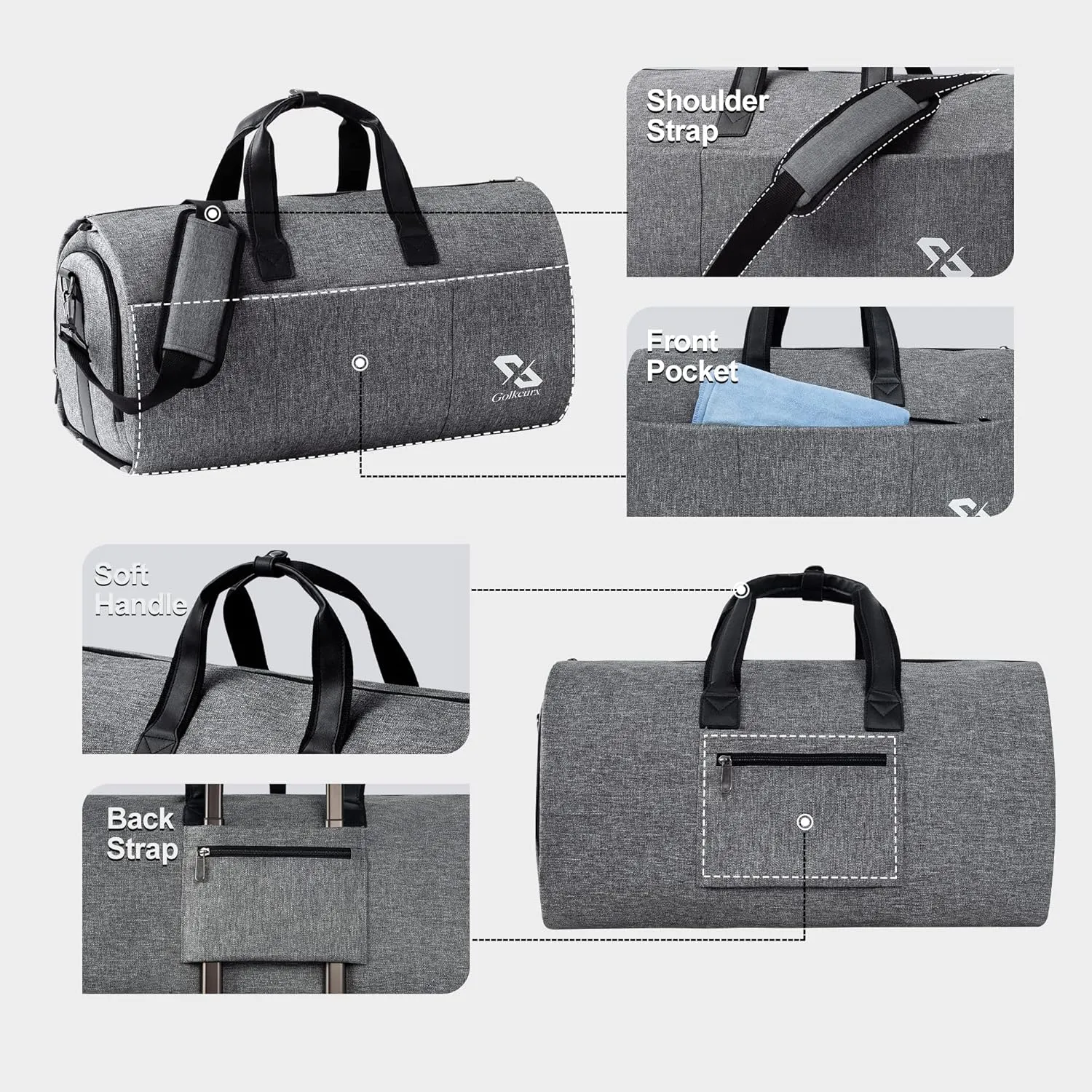Golkcurx Convertible Garment Bag for travel,Carry on Garment Duffle Bag with Shoe Compartment, Detachable Shoulder Strap - 2 in 1 ， for Men Women