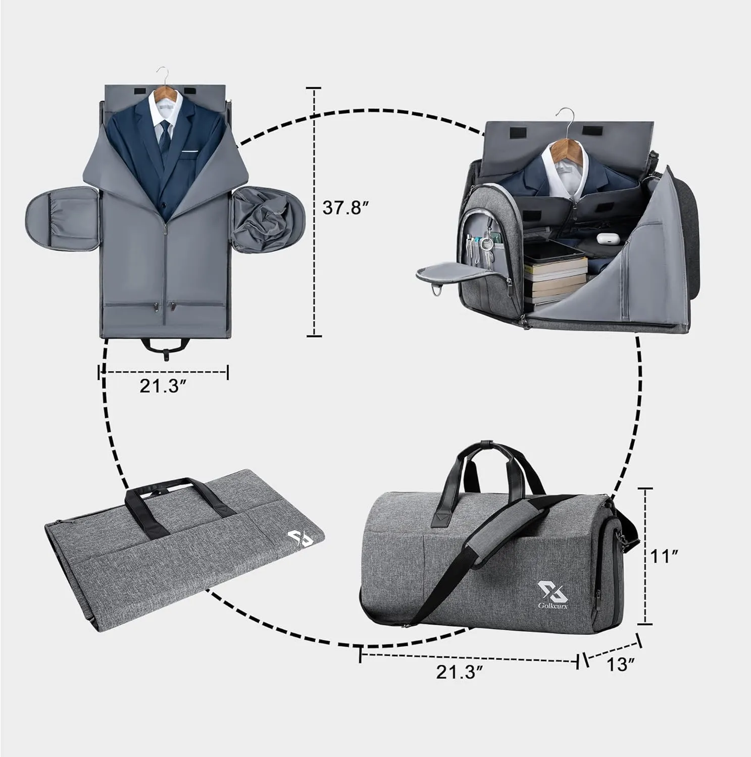Golkcurx Convertible Garment Bag for travel,Carry on Garment Duffle Bag with Shoe Compartment, Detachable Shoulder Strap - 2 in 1 ， for Men Women