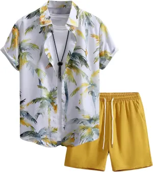 GORGLITTER Men's Summer Vacation Outfits Hawaiian Beach Floral Button Down Short Sleeve Shirt and Shorts Set