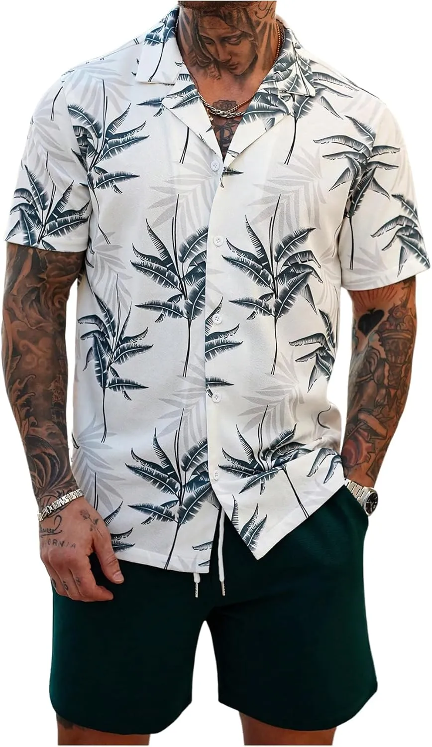 GORGLITTER Men's Summer Vacation Outfits Hawaiian Beach Floral Button Down Short Sleeve Shirt and Shorts Set