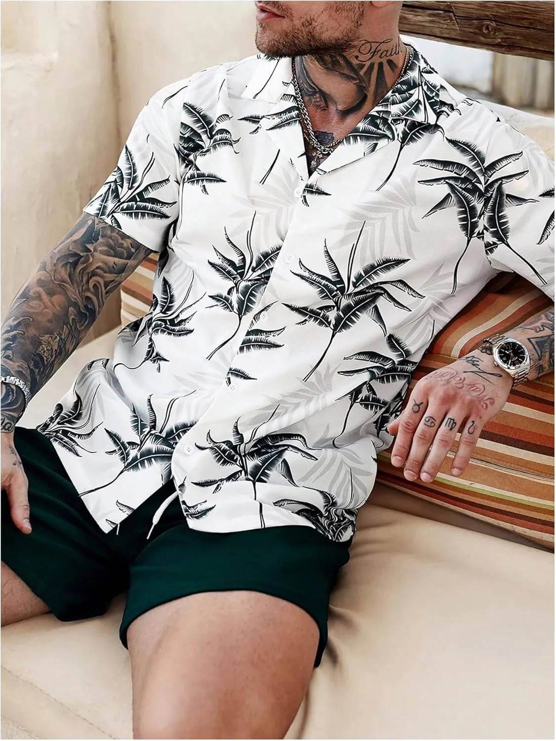 GORGLITTER Men's Summer Vacation Outfits Hawaiian Beach Floral Button Down Short Sleeve Shirt and Shorts Set