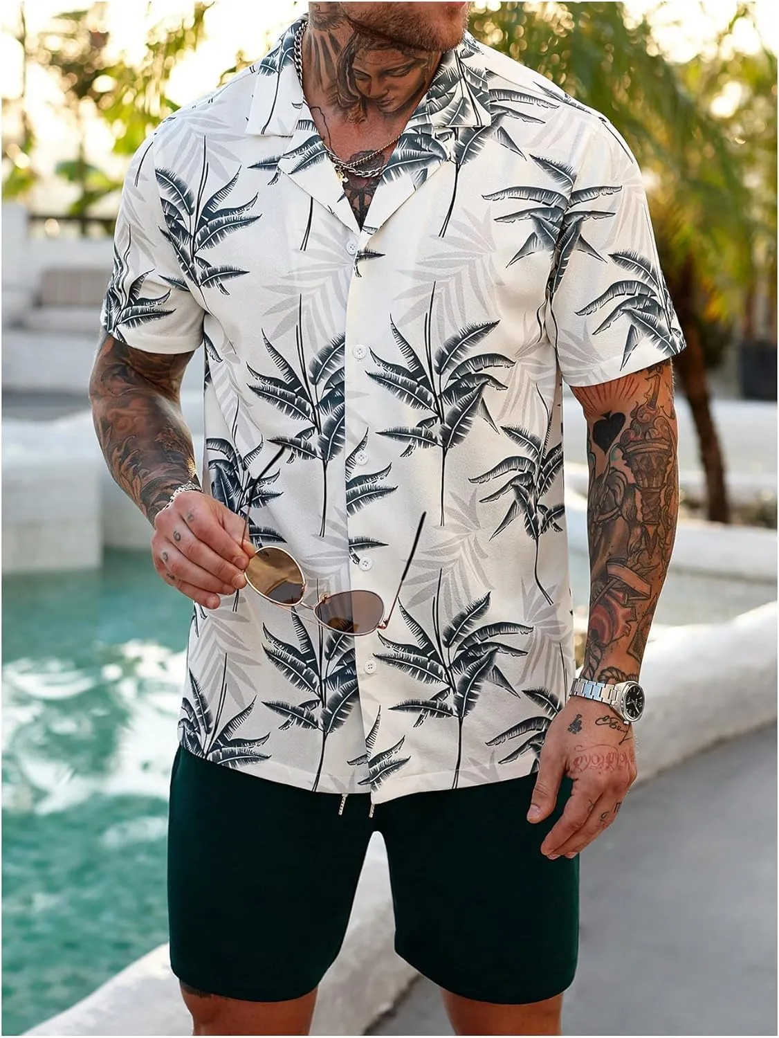 GORGLITTER Men's Summer Vacation Outfits Hawaiian Beach Floral Button Down Short Sleeve Shirt and Shorts Set