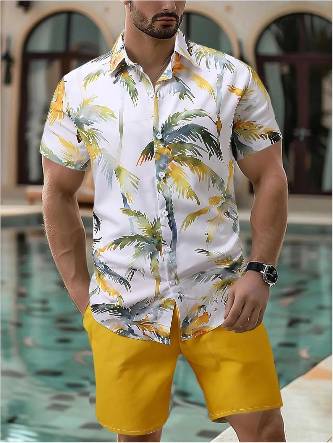 GORGLITTER Men's Summer Vacation Outfits Hawaiian Beach Floral Button Down Short Sleeve Shirt and Shorts Set